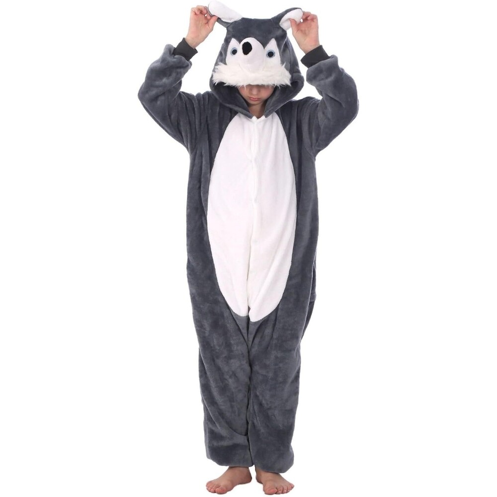 Kids Hooded Husky One-Piece Dog Pajamas Animal Cosplay Costume Size 10-12yr Olds